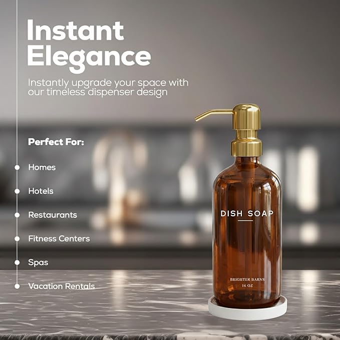 Luxury Glass Dish Soap Dispenser for Kitchen Sink by Brighter Barns - Kitchen Soap Dispenser Set with Pump & Tray - Refillable Glass Bottle for Liquid - Luxury Home Decor for Airbnb, Gift (Amber/Gold) - Image 2