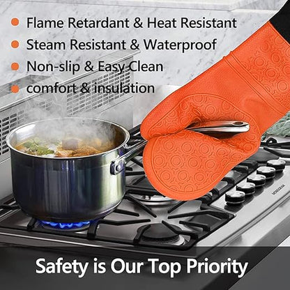 Silicone Oven Mitts and Pot Holders Set, MTZRFLL Extra Long Heat Resistant Oven Gloves with Hot Pads and Mini Oven Mittens for Grilling, Kitchen Cooking Baking, Soft Quilted Lining, Pack of 6 (Orange) - Image 2