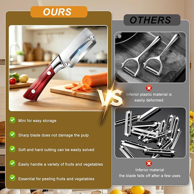 2 Pack Multi Functional Vegetable Peeler With Wooden Handle,Stainless Steel Blade Peeler Kitchen,Zero Snag Wooden Kitchen Tool,for Sugar Cane Potato Fruit Pineapple Pumpkin Carrot Veggie Peeler
