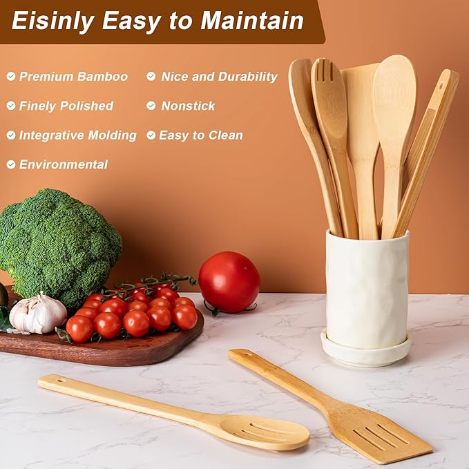 Eisinly Wooden Spoons for Cooking 7-Piece, Kitchen Nonstick Bamboo Cooking Utensils Set, Durability Wooden Spatula Spoon for Everyday Use, Smooth Edge - Image 4
