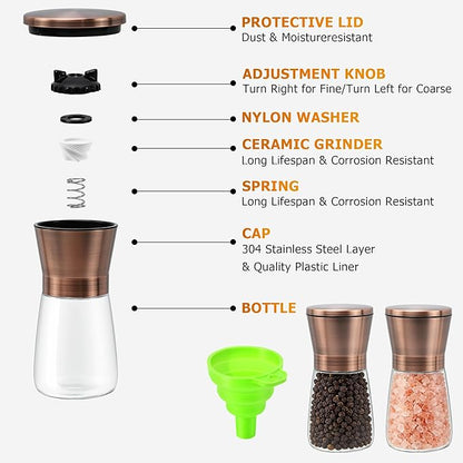 R DRURLCD Short Copper Salt and Pepper Grinder Set of 2, Manual Adjustable Coarseness with Ceramic Blades - Stainless Steel Refillable Mills, Bonus Silicone Funnel