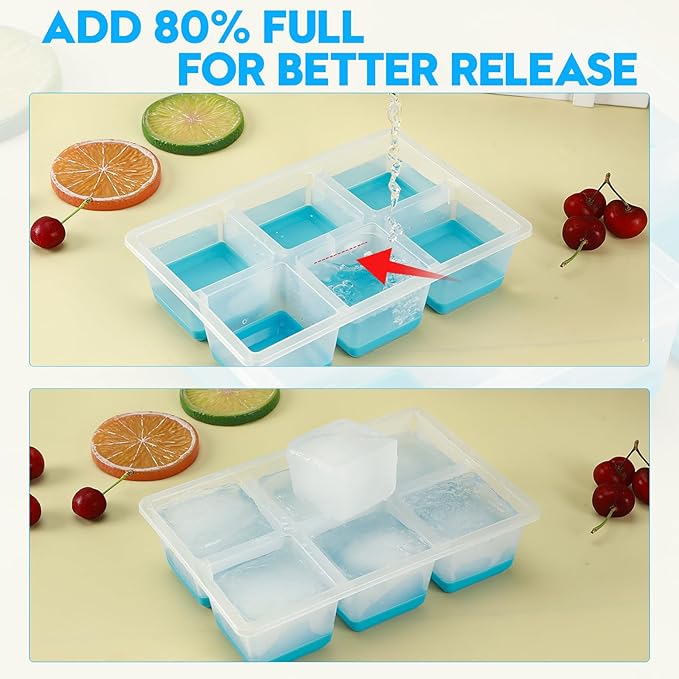 Ice Cube Trays 2 Pack, JRISBO Large Silicone Ice Cube Molds with Leak-Proof Lid, TPE Frame & Easy Release Bottom, Stackable Freezer Ice Trays for Whiskey, Cocktails, Soup, BPA Free (Black)