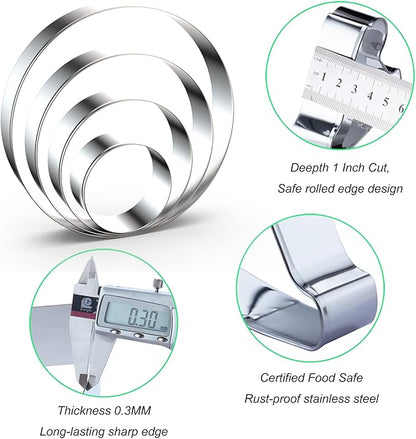 Circle Round Biscuit Cookie Cutter Set - Large Donut Cutter Ring Molds - 5 Inch, 4 Inch, 3 Inch, 2 Inch - Geometric Plaque Cookie Cutters Shapes - Stainless Steel
