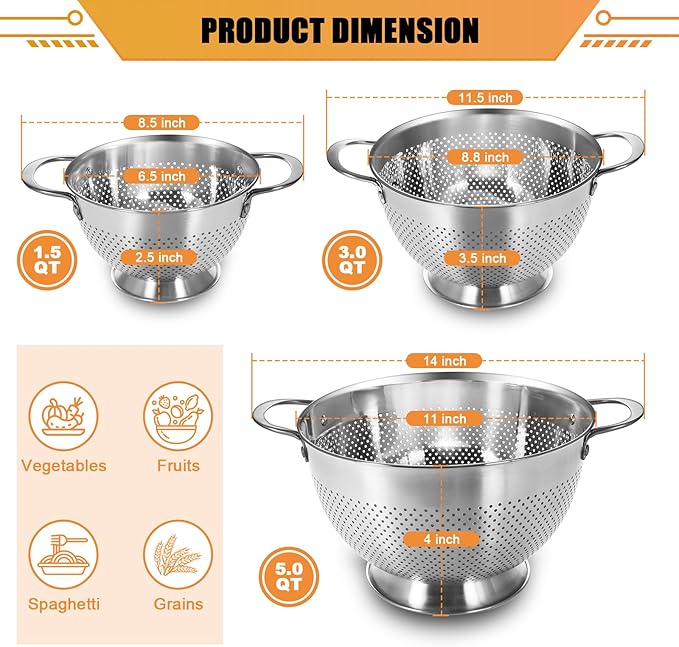 Stainless Steel Colander Set of 3 (1.5-3-5Quart) | Durable Rice and Pasta Strainer with Handle | Oversized Handles | Nesting Design | Rust-Resistant & Dishwasher Safe - Image 2