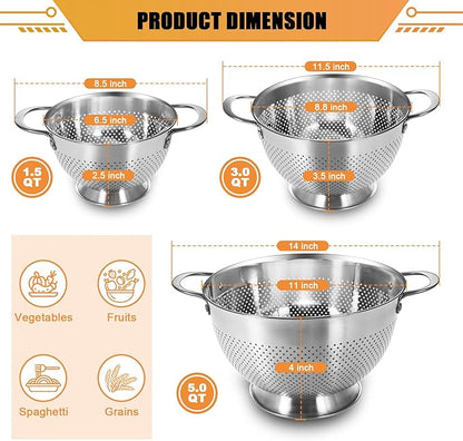 Stainless Steel Colander Set of 3 (1.5-3-5Quart) | Durable Rice and Pasta Strainer with Handle | Oversized Handles | Nesting Design | Rust-Resistant & Dishwasher Safe - Image 2