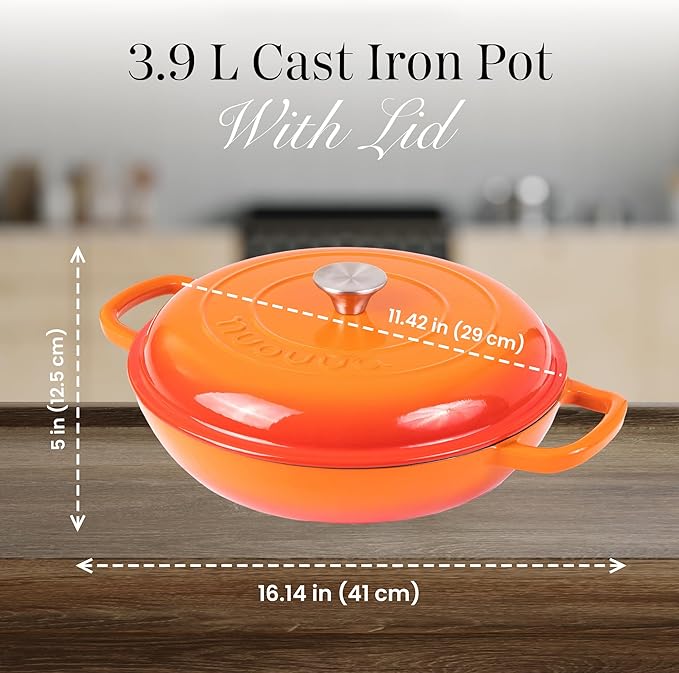 Shallow Cast Iron Casserole with Lid – Non Stick Dutch Oven Pot, Oven Safe up to 500° F – Sturdy Ovenproof Stockpot Cookware – Enamelled Cooking Pot – Orange, 3.7-Quart, 30cm – by Nuovva
