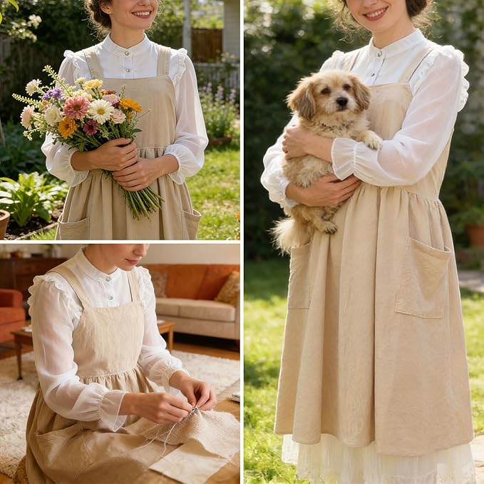 Uaussi Cotton Linen Apron Cross Back Work Apron for Women with Pockets Pinafore Dress X Cross Halter Apron for Chef Gardening - Image 3