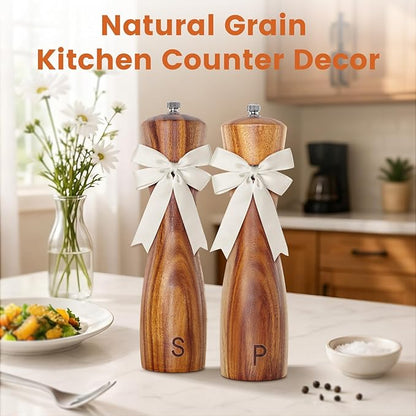 Wedding Gifts for Couples 2026: Acacia Wood Salt and Pepper Grinder Set with Bow Design - Kitchen Counter Decor - Image 4