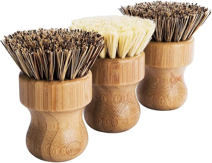 Palm Pot Brush- Bamboo Round 3 Packs Mini Dish Brush Natural Scrub Brush Durable Scrubber Cleaning Kit with Union Fiber and Tampico Fiber for Cleaning Pots, Pans and Vegetables - Image 4