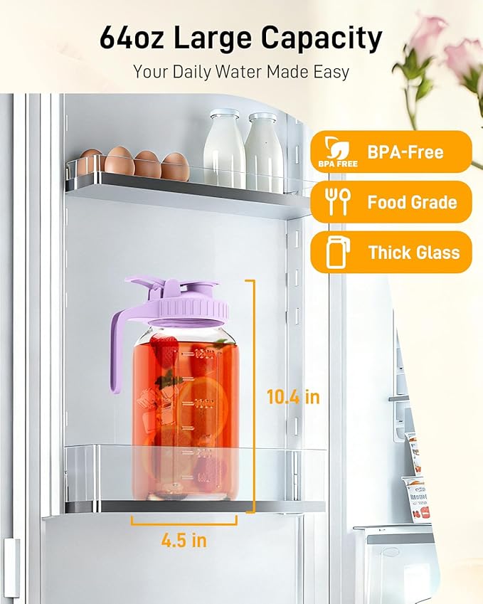 64 oz Glass Pitcher with Lid, Large Wide Mouth Mason Jar with Pour Spout, Purple Sun Tea Glass Jar for Outside, Juice Pitcher Great for Drink, Cold Beverages and Breast Milk - Image 2