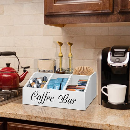ugiftt Coffee Station Organizer for Counter, Wood Coffee Pods Holder Storage Basket, Tea Condiment Storage Organizer, Rustic Wood Bar Decor for Accessories - Image 3