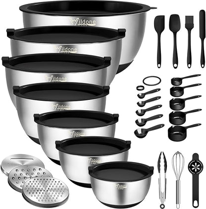 Wildone Mixing Bowls with Airtight Lids, 27 PCS Stainless Steel Nesting Bowls, with 3 Grater Attachments, Scale Mark & Non-Slip Bottom, Size 5, 4, 3, 2, 1.5, 1, 0.63QT, Ideal for Mixing & Prepping by Wildone