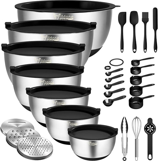 Wildone Mixing Bowls with Airtight Lids, 27 PCS Stainless Steel Nesting Bowls, with 3 Grater Attachments, Scale Mark & Non-Slip Bottom, Size 5, 4, 3, 2, 1.5, 1, 0.63QT, Ideal for Mixing & Prepping by Wildone
