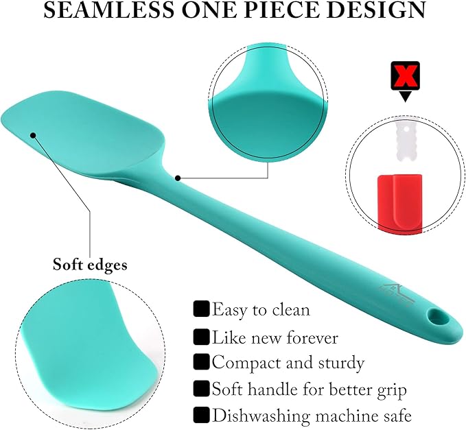 HOTEC 600℉ Heat Resistant BPA-Free Silicone Rubber Spatula Set,Kitchen Cooking Spatulas, Baking, Mixing for Non Stick Cookware, Dishwasher Safe, Set of 5 Aqua Sky - Image 6