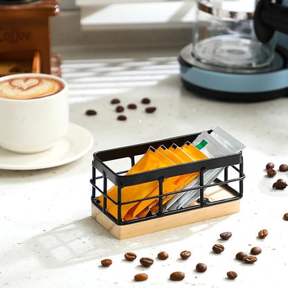 Blulu Sugar Packet Basket Iron Sugar Organizer with Wooden Base Small Caddy Iron Organizer Coffee Creamer Holder Tea Bag Caddy Holder for Coffee Bar Kitchen Home(2 Sets)