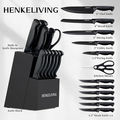 Knife Set, 14-Piece Kitchen Knives Set with Block, Built-in Sharpener, German High Carbon Stainless Steel, Ergonomic Non-Slip Handles, Black - Image 2