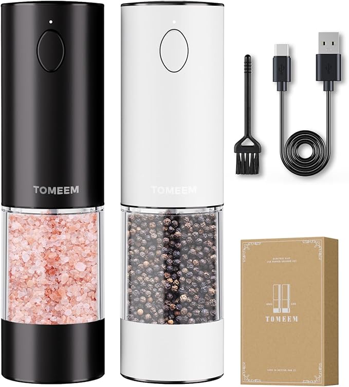 Upgraded Larger Capacity Electric Salt and Pepper Grinder Set Rechargeable with LED lights, Stainless Steel Automatic Pepper and Salt Grinder Refillable with 5 Adjustable Coarseness Black - White by Tomeem