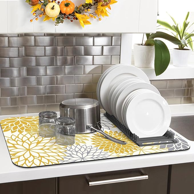 Findosom 2PCS 12" x 20" Fall Dish Drying Mat & 24" x 5.5" Sink Splash Guard, Super Absorbent & Cuttable Dish Mat Drying Kitchen Mat with Yellow Floral, Hide Stain Drying Mat for Kitchen Counter - Image 7