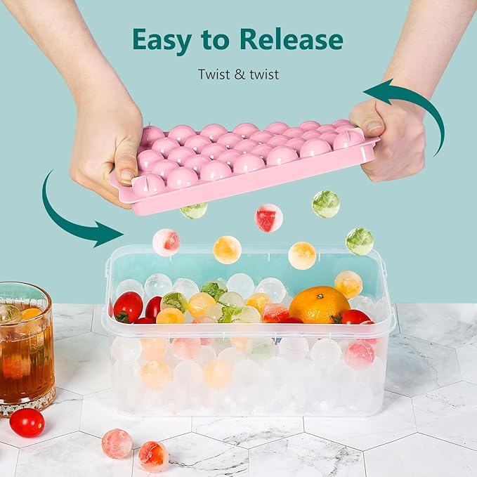 Optish Ice Cube Tray with Lid and Bin, 3 Pack Ice Trays for Freezer, 99 Pcs Round Ice Cube Mold, Ices Maker Bucket with Scoop for Cocktail, Coffee, Rv Accessories, Easy to Release (1 inch, Pink) - Image 3