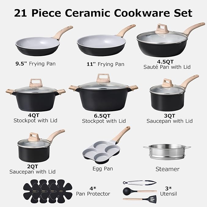 CAROTE 21pcs Pots and Pans Set Nonstick, Cookware Set Black Induction Kitchen Cooking Set w/Frying Pans & Saucepans(PFOS, PFOA Free) - Image 2