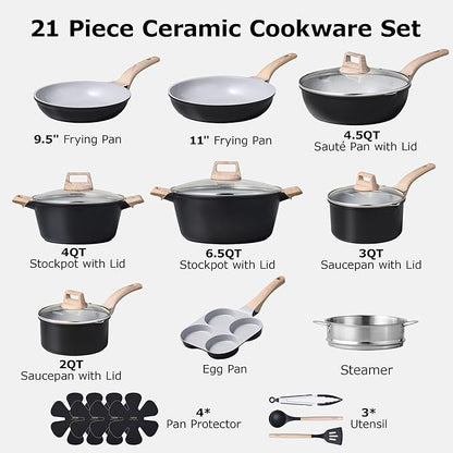 CAROTE 21pcs Pots and Pans Set Nonstick, Cookware Set Black Induction Kitchen Cooking Set w/Frying Pans & Saucepans(PFOS, PFOA Free) - Image 2