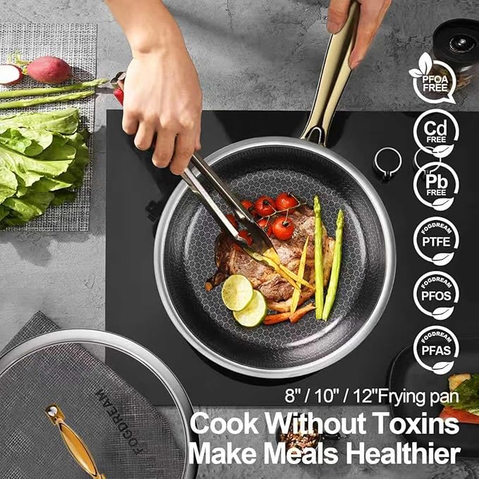 FogDream 10 Inch Stainless Steel Frying Pan with Lid, Honeycomb Hybrid Nonstick Skillet for Induction & All Cooktops, PFAS/PFOA/PTFE Free, Oven Safe to 500°F, Stay-Cool Handle, Dishwasher Safe, Gold - Image 3