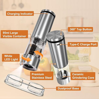 Electric Salt and Pepper Grinder Set Rechargeable, Automatic Salt and Pepper Shakers Mills External Adjustable Coarseness, Kitchen Gadgets, Stocking Stuffers Christmas Cooking Gifts for Men Women - Image 4