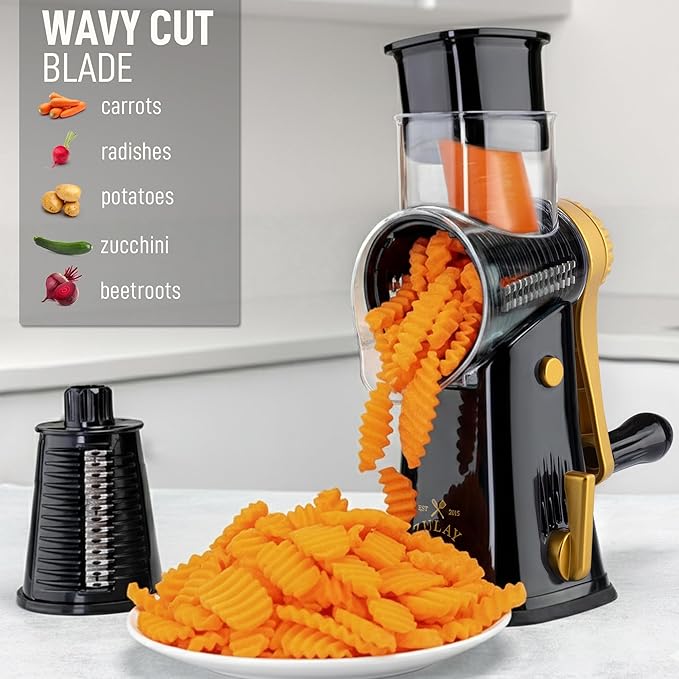 Zulay Kitchen Rotary Cheese Grater 5 Blade Cheese Shredder - Manual Hand Crank Cheese Grater With Reinforced Suction & 5 Interchangeable Drums - Easy to Use, Vegetable Chopper Round Mandoline Slicer - Image 4