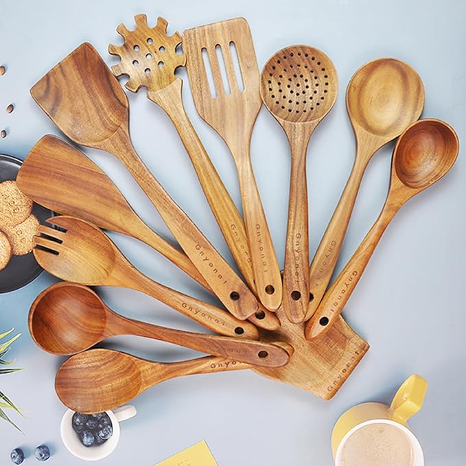 Wooden Spoons for Cooking,Wooden Utensils for Cooking 11 Pcs Wooden Kitchen Utensils Set Wooden Spatulas for Cooking Wooden Cooking Utensils with Holder, 14.37*4.13*3.54, Brown - Image 5