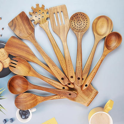 Wooden Spoons for Cooking,Wooden Utensils for Cooking 11 Pcs Wooden Kitchen Utensils Set Wooden Spatulas for Cooking Wooden Cooking Utensils with Holder, 14.37*4.13*3.54, Brown - Image 5