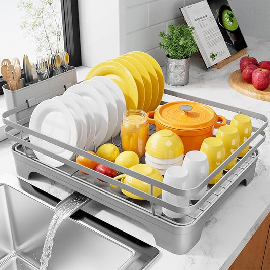 Kitsure Dish Drying Rack - Multi-Functional Dish Rack for Kitchen Counter with Cutlery Holder, Rust-Proof Storage Solution with Rotatable, 15.7" x 12.0" x 5.5", Grey by Kitsure