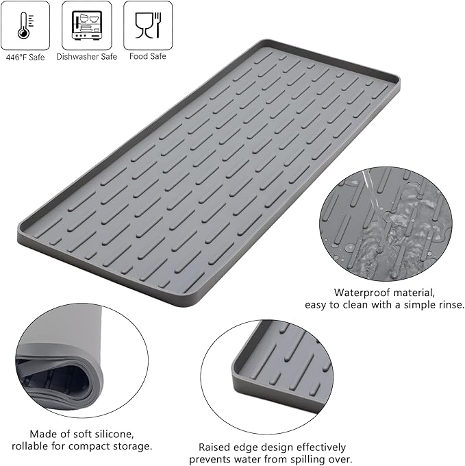 Silicone Coffee Mat, 16"X7" Heat-Resistant,Eco-friendly,Hygienic Drying Pad,Leak-Proof and Non-Slip,Removable Silicone Mat with Concave and Convex Design,（Gray 16X7） - Image 3