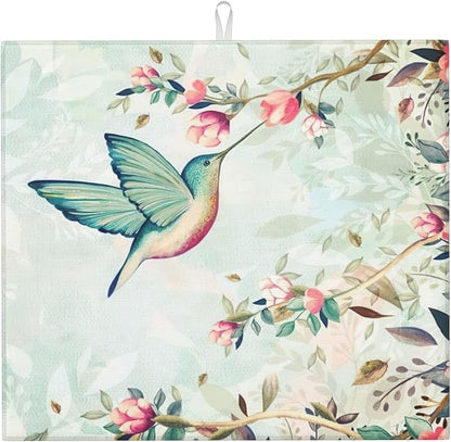 Hummingbird Flowers Dish Drying Mat 16x18 Inch, Microfiber Absorbent Fast Dry Mat Large Dish Mat Drying Kitchen Mat, Kitchen Drying Pad for Kitchen Counter Coffee Bar Decor Gifts
