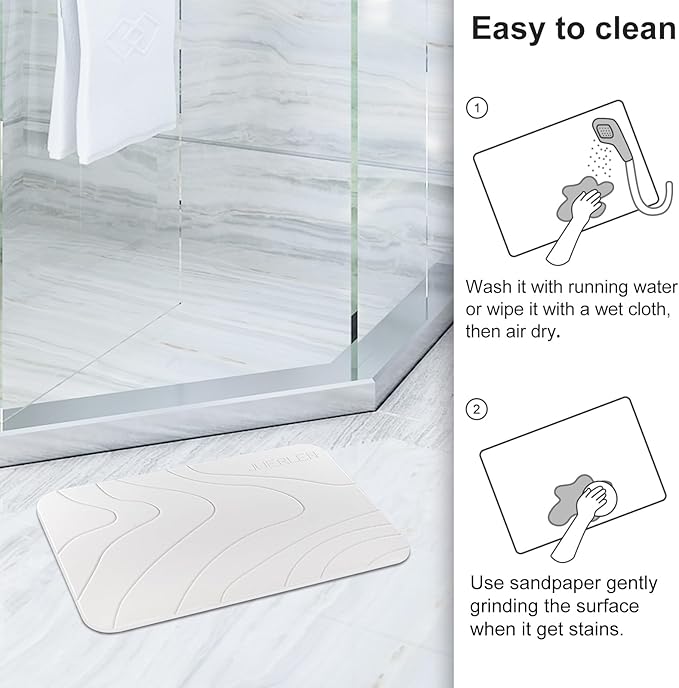JUERLEN 2 Pack Diatomaceous Earth Shower Mat, Stone Bath Mat, Nonslip Super Absorbent Fast-Drying Hard Bath Mat for Bathroom Shower Floor, 24 x 16 inch, White Wave Design