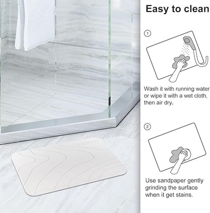 JUERLEN 2 Pack Diatomaceous Earth Shower Mat, Stone Bath Mat, Nonslip Super Absorbent Fast-Drying Hard Bath Mat for Bathroom Shower Floor, 24 x 16 inch, White Wave Design