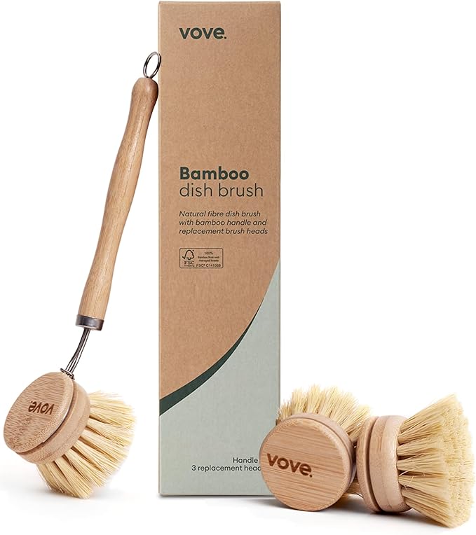 Vove Bamboo Dish Brush, FSC-Certified - Includes 3 Replacement Heads - Natural Fiber Bristles - Non-Toxic, Plastic-Free - Scrub Brush for Pots, Pans & Dishes by Vove