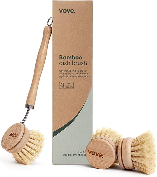 Vove Bamboo Dish Brush, FSC-Certified - Includes 3 Replacement Heads - Natural Fiber Bristles - Non-Toxic, Plastic-Free - Scrub Brush for Pots, Pans & Dishes by Vove