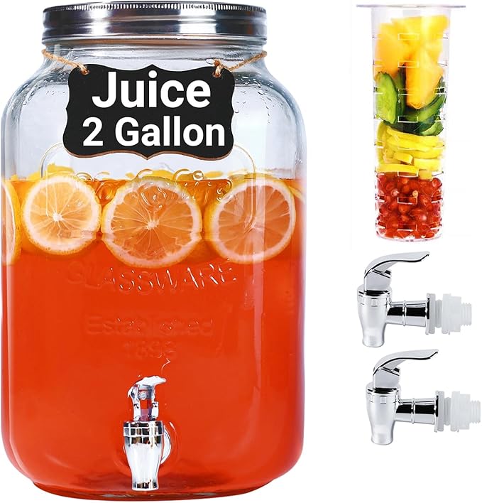 2 Gallon Drink Dispensers for Parties - Sun Tea Glass Jar for Outside 100% Leakproof Beverage Dispenser, 2 Press-Spigots(Easy for kids) Fruit Infuser, Chalkboard Mason Jar Drink Dispensers with Lids