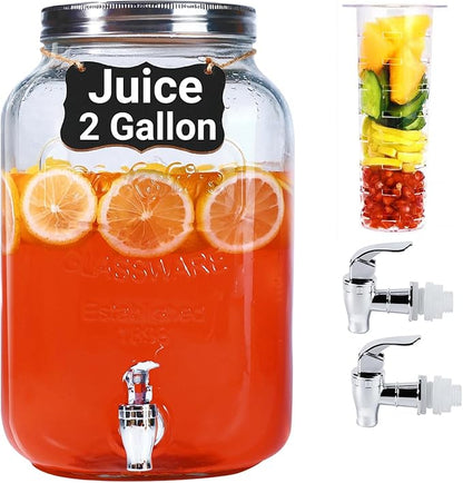 2 Gallon Drink Dispensers for Parties - Sun Tea Glass Jar for Outside 100% Leakproof Beverage Dispenser, 2 Press-Spigots(Easy for kids) Fruit Infuser, Chalkboard Mason Jar Drink Dispensers with Lids