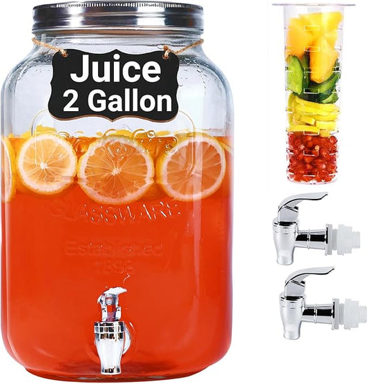 2 Gallon Drink Dispensers for Parties - Sun Tea Glass Jar for Outside 100% Leakproof Beverage Dispenser, 2 Press-Spigots(Easy for kids) Fruit Infuser, Chalkboard Mason Jar Drink Dispensers with Lids
