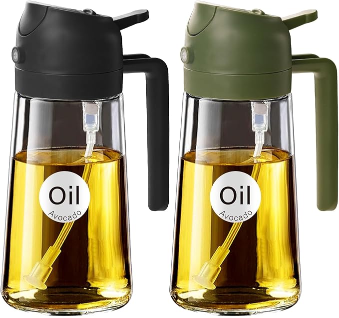 YARRAMATE 2Pcs 16oz/470ml Glass Olive Oil Sprayer for Cooking with Stickers, 2 in 1 Oil Dispenser for Kitchen Gadgets, Food Grade Premium Spray Bottle for Salad, BBQ (Black&OliveGreen) by YARRAMATE