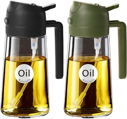YARRAMATE 2Pcs 16oz/470ml Glass Olive Oil Sprayer for Cooking with Stickers, 2 in 1 Oil Dispenser for Kitchen Gadgets, Food Grade Premium Spray Bottle for Salad, BBQ (Black&OliveGreen) by YARRAMATE