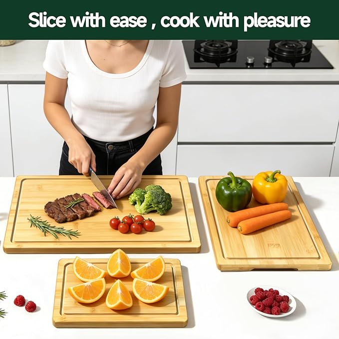 3-Piece Set Bamboo Cutting Board for Kitchen - Crack-Resistant Wood Chopping Boards with Deep Juice Grooves, Pre-Oiled Butcher Block for Meat, Vegetables & Cheese, Natural - Image 7