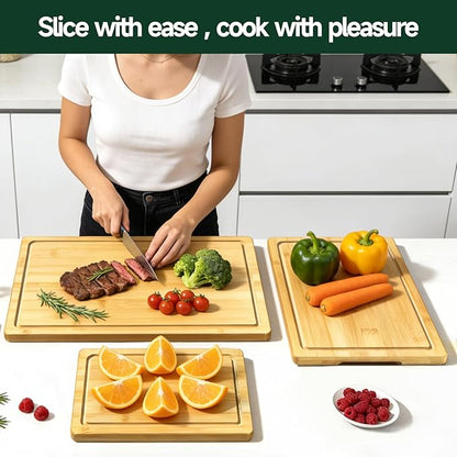 3-Piece Set Bamboo Cutting Board for Kitchen - Crack-Resistant Wood Chopping Boards with Deep Juice Grooves, Pre-Oiled Butcher Block for Meat, Vegetables & Cheese, Natural - Image 7