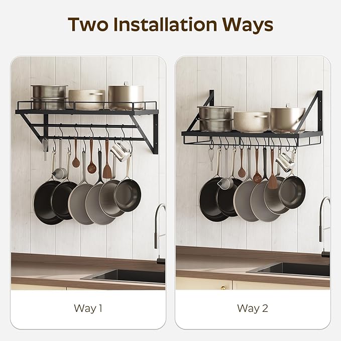 YATINEY Wall Mounted Pot Rack, 23.8 Inch Pot and Pan Organizer with 2 Tier Hanging Rails, 12 S-Hooks, Metal Pot Rack for Kitchen Cookware Organizer, Space Saving, for Kitchen Utensils, Black PR01BK - Image 5