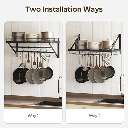 YATINEY Wall Mounted Pot Rack, 23.8 Inch Pot and Pan Organizer with 2 Tier Hanging Rails, 12 S-Hooks, Metal Pot Rack for Kitchen Cookware Organizer, Space Saving, for Kitchen Utensils, Black PR01BK - Image 5