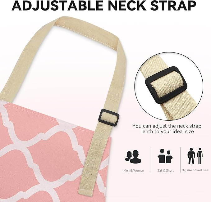 2 Pieces Aprons for Women with Pockets, Cotton Linen Waterproof Kitchen Cooking Aprons, Chef Apronfor Men Women with Adjustable Neck Strap and Long Ties(Pink/Green)
