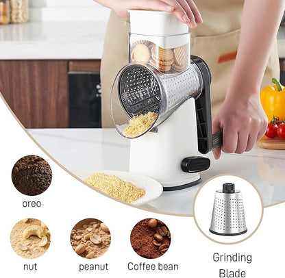 Weltonhm Rotary Cheese Graters with 4 Blades, Hand Crank Cheese Grater with Waffle Slicer, Red, Black and White Cheese Shredder with Suction Base, Easier for Shredding & Grating (White, 4 Graters)