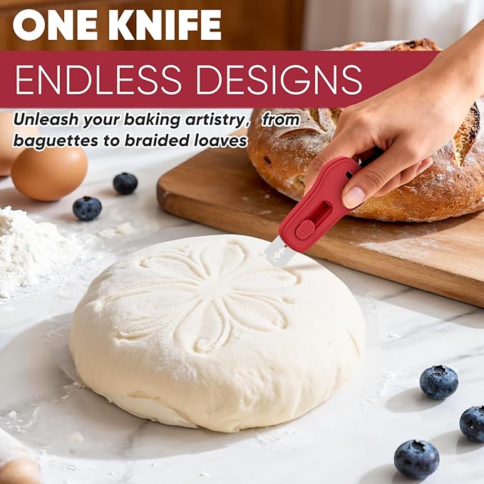 24SHEN Bread Lame, Sourdough Scoring Tool with Extractable & Magnetic, Sour Dough Tools Sourdough Cutter for Homemade Bread Making, Scoring Knife Include 5 Razor Blades-Red - Image 6