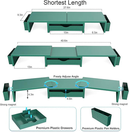 gianotter Dual Monitor Stand Riser, Desk Organizer With Drawer and 2 Pen Holders, Monitor Stand for Desk, Office Decor Essentials (Green) - Image 5
